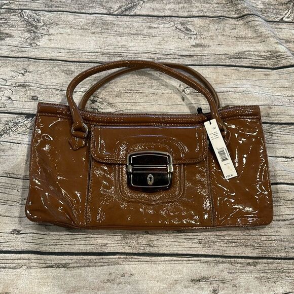 Elie Tahari Handbags - Elie Tahari Cognac Patent Leather Shoulder Bag with Front Buckle
